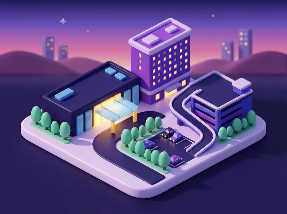 Stylised miniature of a large casino and hotel complex at dusk, with a parkade, a lit entrance and trees along the drive